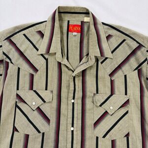 Ely Plains Mens XL Western Pearl Snap Shirt Short Sleeve Striped Vtg Tan Black